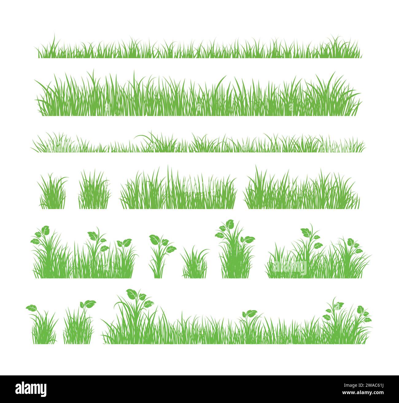 Silhouette in erba verde. Linee di cartoni animati di piante e arbusti per l'imbarco e l'inquadratura, elemento logo ecologico e organico. Semina di campi a molla con set vettoriale Illustrazione Vettoriale