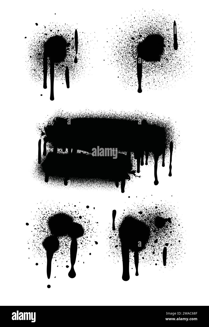 Vernice spray di colore nero o elemento di design graffiti sullo sfondo bianco della parete. Illustrazione Vettoriale