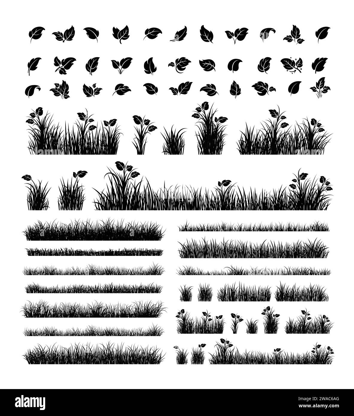 Silhouette in erba verde. Linee di cartoni animati di piante e arbusti per l'imbarco e l'inquadratura, elemento logo ecologico e organico. Semina di campi a molla con set vettoriale Illustrazione Vettoriale