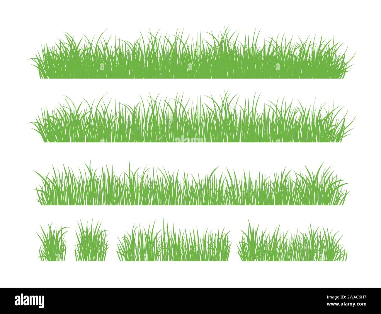 Silhouette in erba verde. Linee di cartoni animati di piante e arbusti per l'imbarco e l'inquadratura, elemento logo ecologico e organico. Semina di campi a molla con set vettoriale Illustrazione Vettoriale