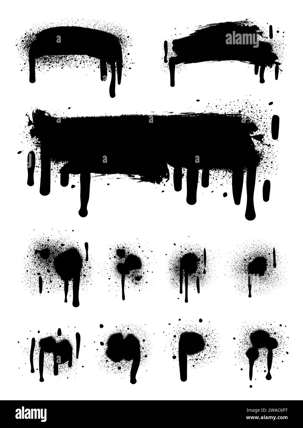 Vernice spray di colore nero o elemento di design graffiti sullo sfondo bianco della parete. Illustrazione Vettoriale