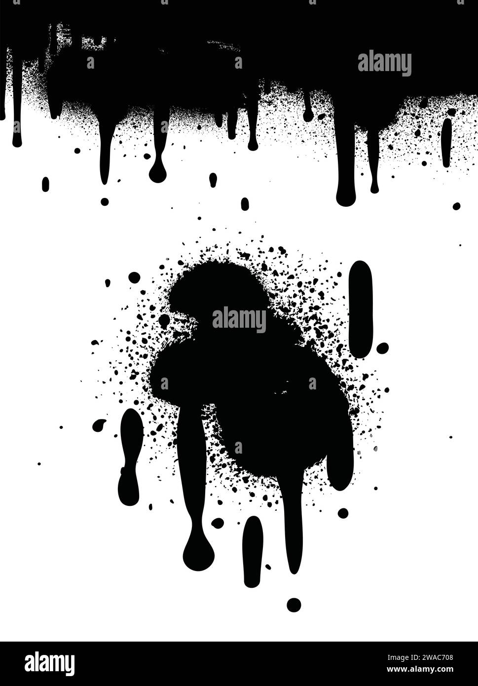 Vernice spray di colore nero o elemento di design graffiti sullo sfondo bianco della parete. Illustrazione Vettoriale