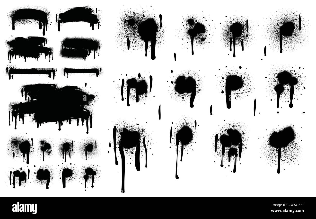 Vernice spray di colore nero o elemento di design graffiti sullo sfondo bianco della parete. Illustrazione Vettoriale