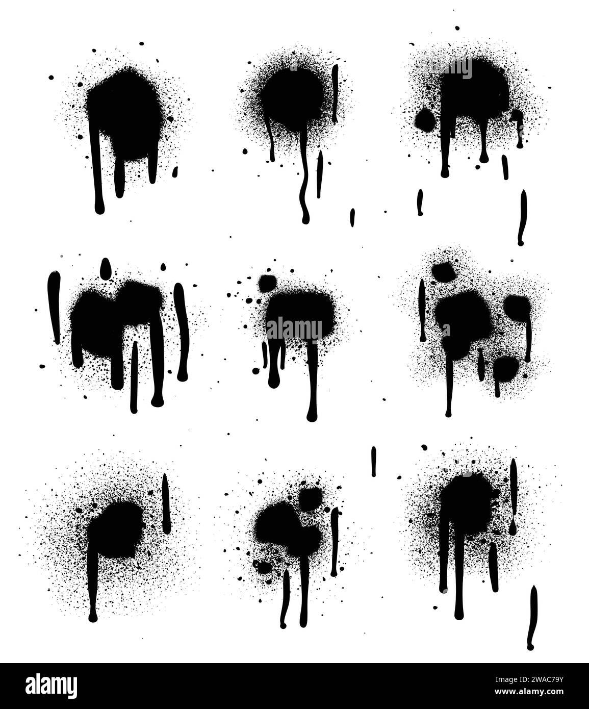 Vernice spray di colore nero o elemento di design graffiti sullo sfondo bianco della parete. Illustrazione Vettoriale