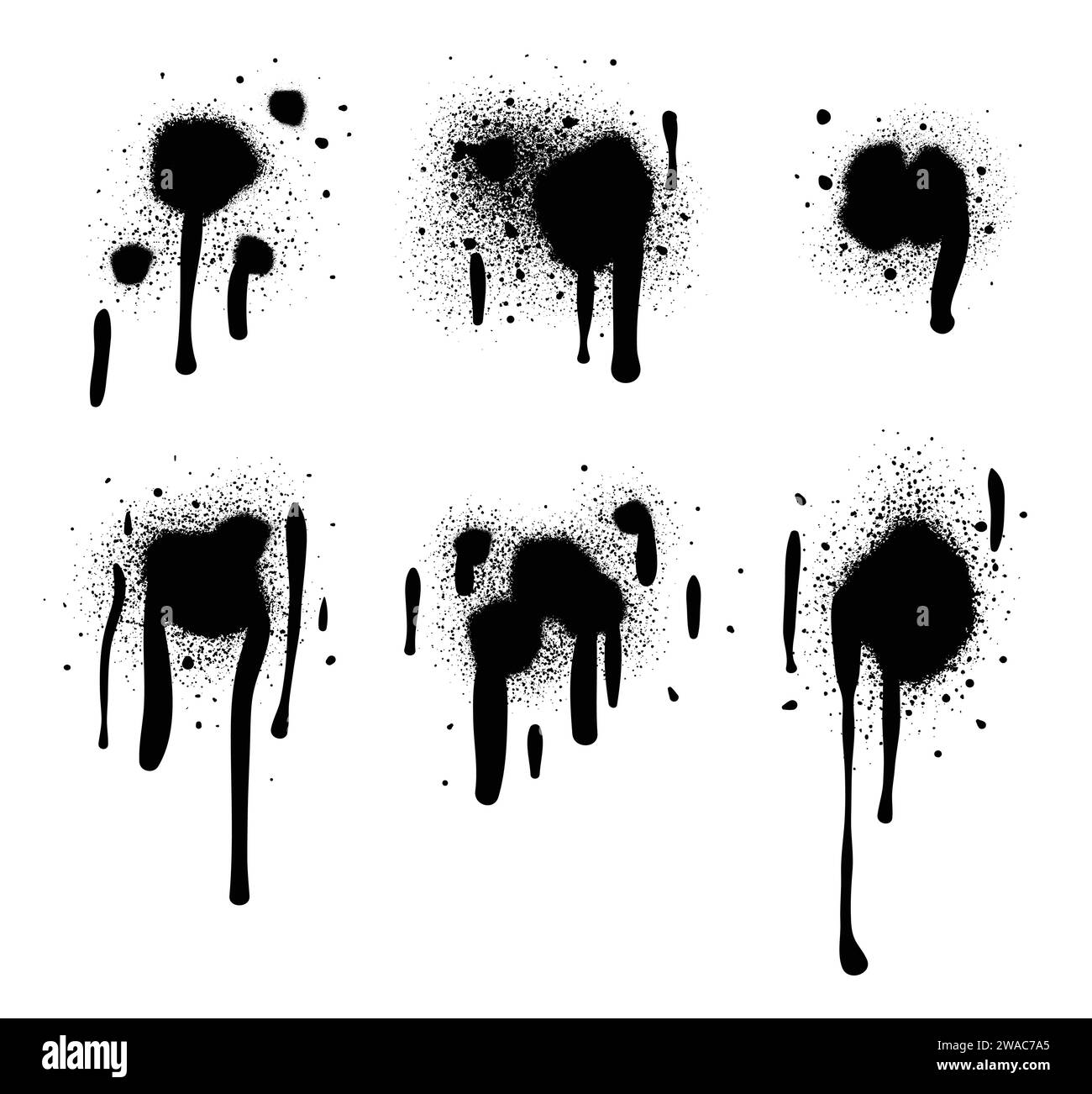 Vernice spray di colore nero o elemento di design graffiti sullo sfondo bianco della parete. Illustrazione Vettoriale