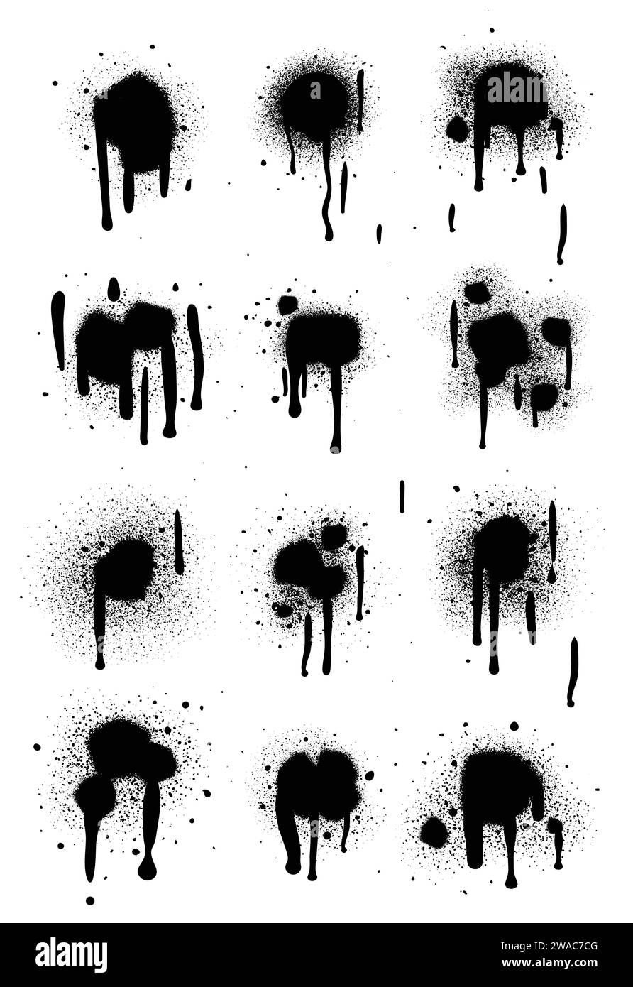 Vernice spray di colore nero o elemento di design graffiti sullo sfondo bianco della parete. Illustrazione Vettoriale