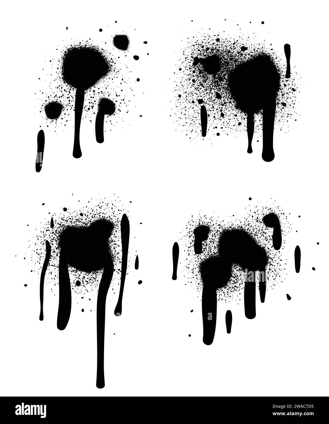 Vernice spray di colore nero o elemento di design graffiti sullo sfondo bianco della parete. Illustrazione Vettoriale