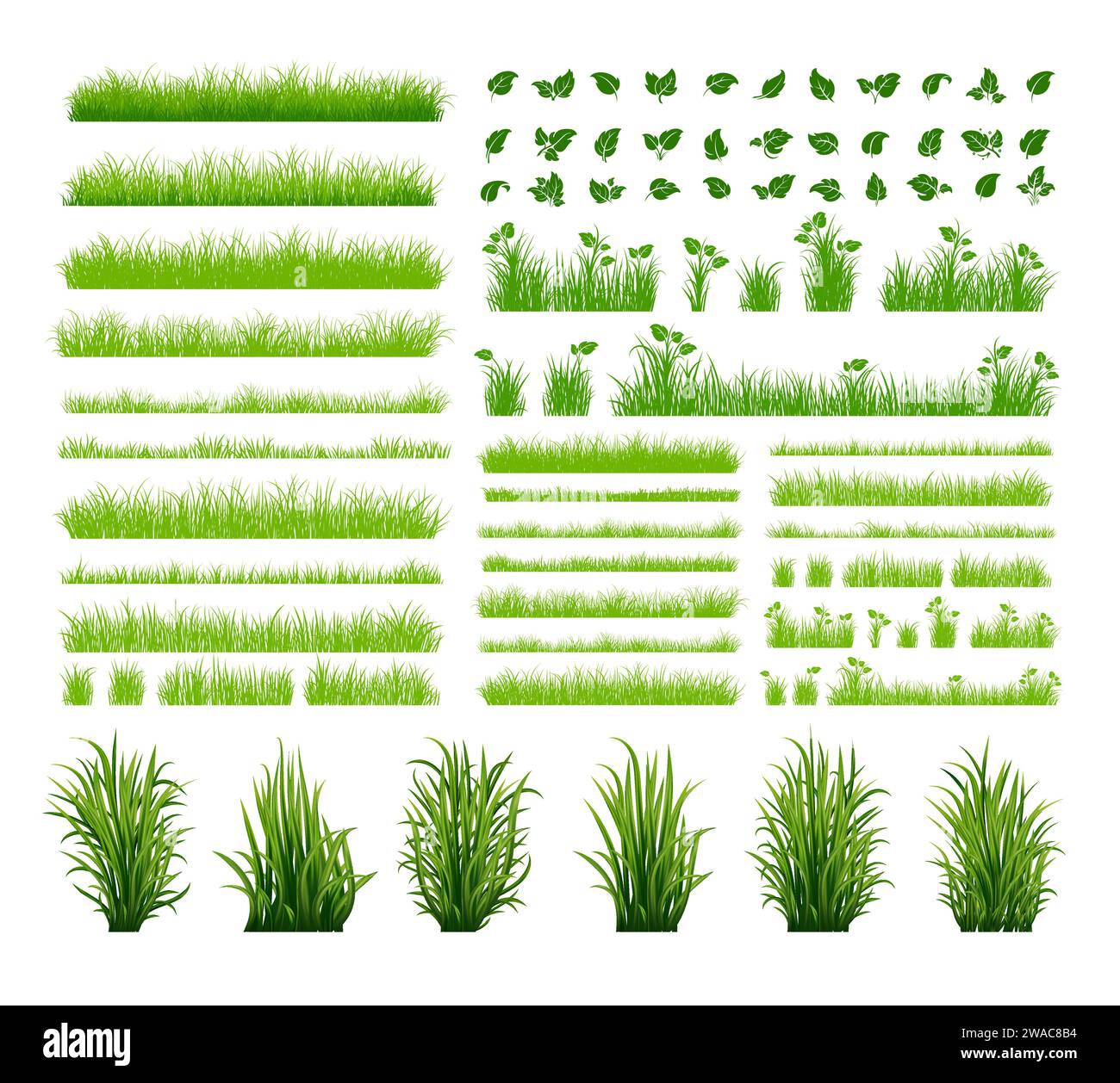 Silhouette in erba verde. Linee di cartoni animati di piante e arbusti per l'imbarco e l'inquadratura, elemento logo ecologico e organico. Semina di campi a molla con set vettoriale Illustrazione Vettoriale