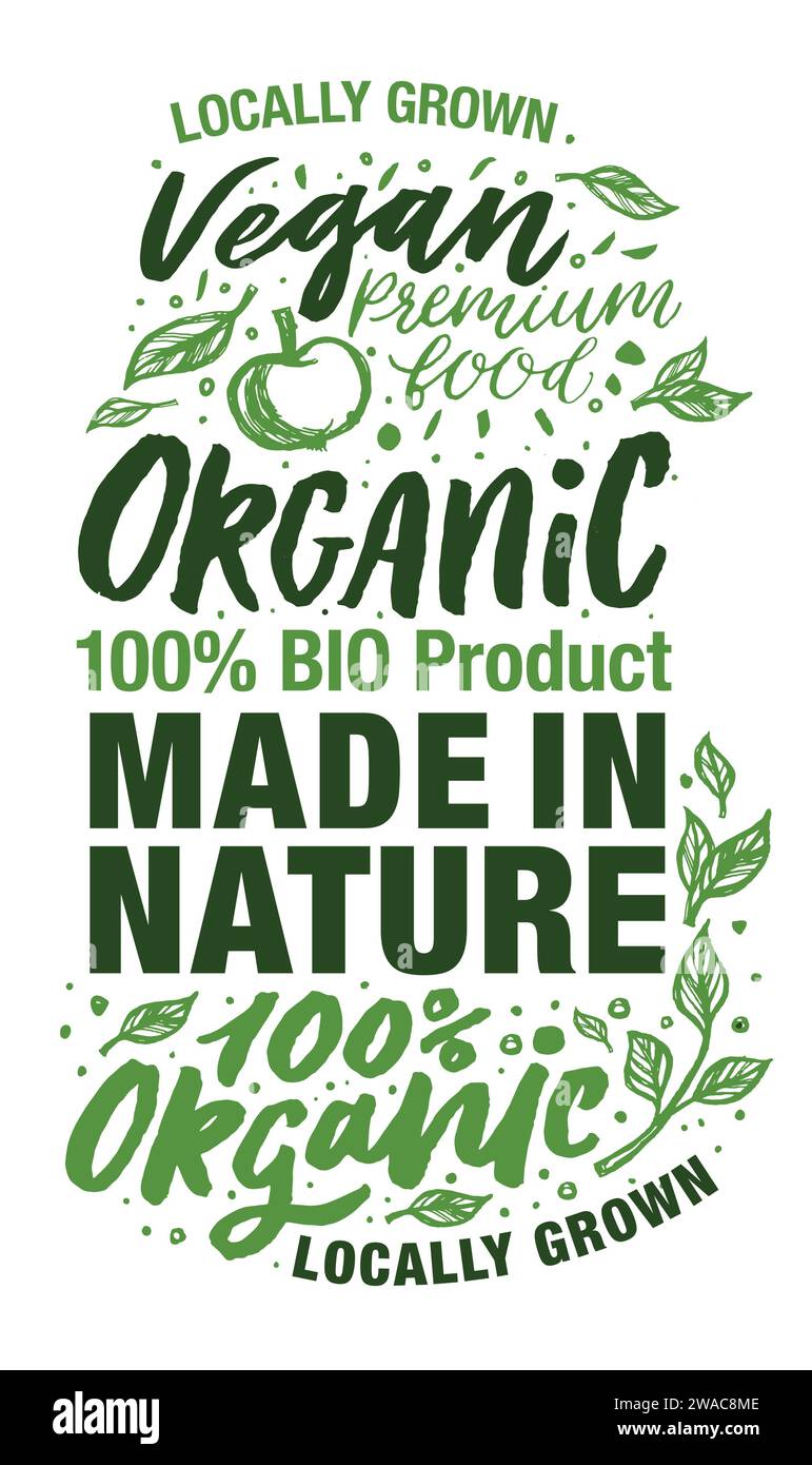 Prodotti biologici, Made in Nature e prodotti locali Vegan loghi ed elementi per il mercato alimentare, l'e-commerce, la promozione dei prodotti, la vita sana e. Illustrazione Vettoriale