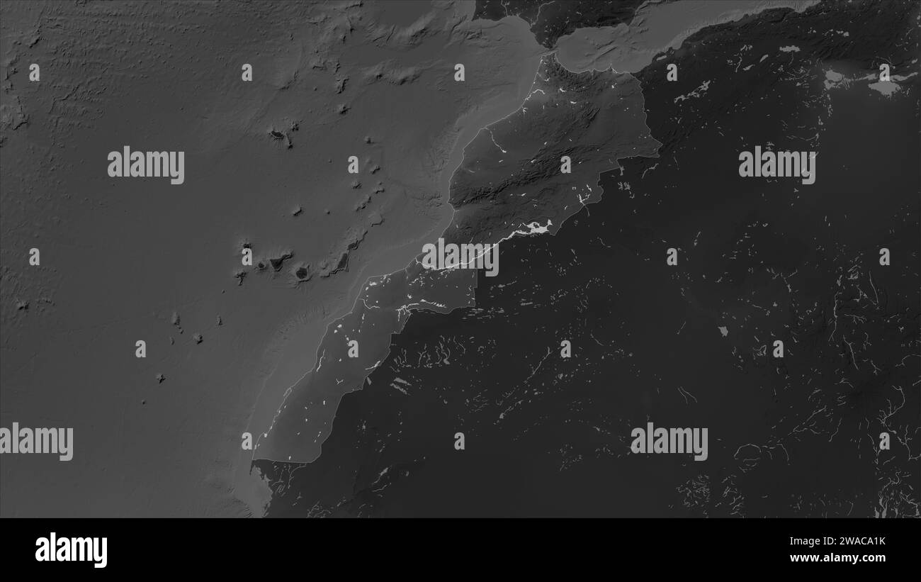 Marocco evidenziato su una mappa di elevazione in scala di grigi con laghi e fiumi Foto Stock