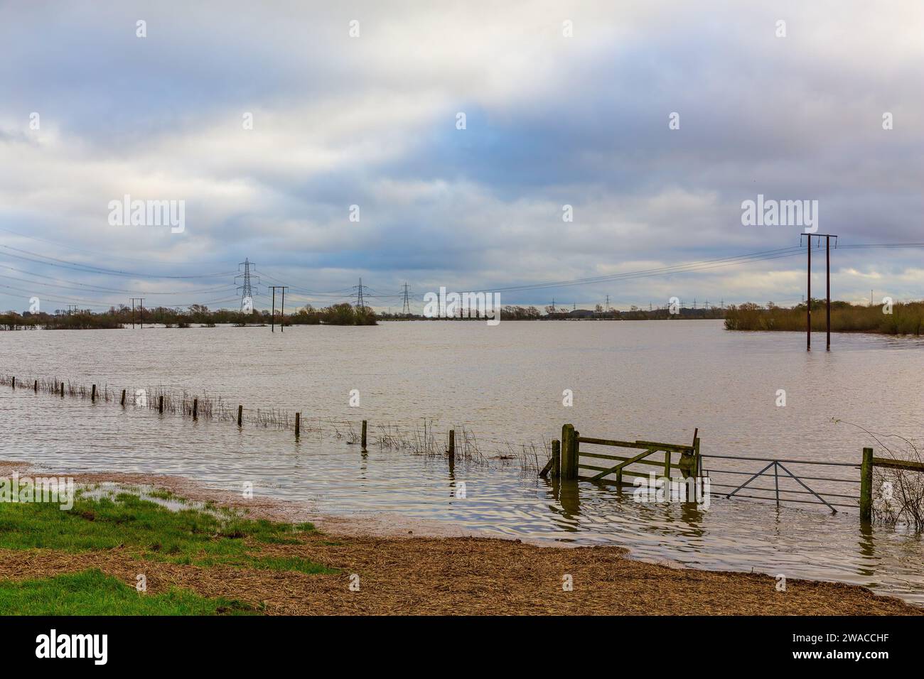 Tempesta Henk, il fiume Aire fa scoppiare le sue rive e inonda i campi agricoli intorno ai villaggi di Birkin e West Haddlesey vicino a Selby, North York Foto Stock