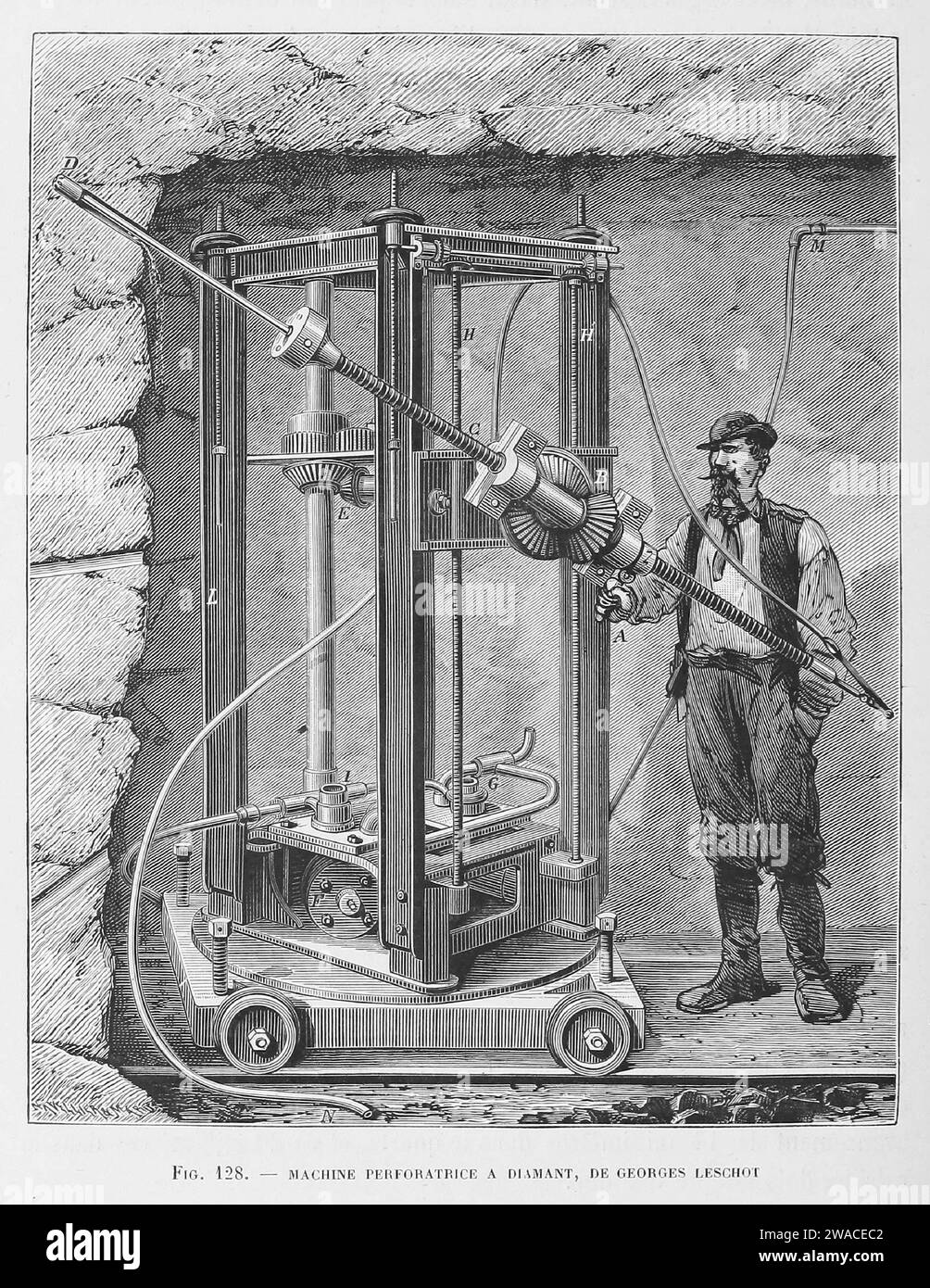 Incisione della perforatrice Leschot e del suo operatore. Questa macchina fu progettata nel 1862 da Georges Leschot e Charles Séchechaye, rendendola la prima perforatrice operativa dotata di diamanti neri. Le prime prove hanno dimostrato che in un'ora e venticinque minuti, poteva penetrare nel granito un foro largo 5 cm (2 poll.) e profondo 37 cm (14,5 poll.). Nel 1867, fu esposto all'esposizione di Parigi e a metà degli anni '1870, si era dimostrato abbastanza efficace da essere utilizzato dall'industria mineraria in Inghilterra, Svizzera e Stati Uniti. Macchine simili sono state utilizzate per praticare i fori di iniezione in preparazione a. Foto Stock