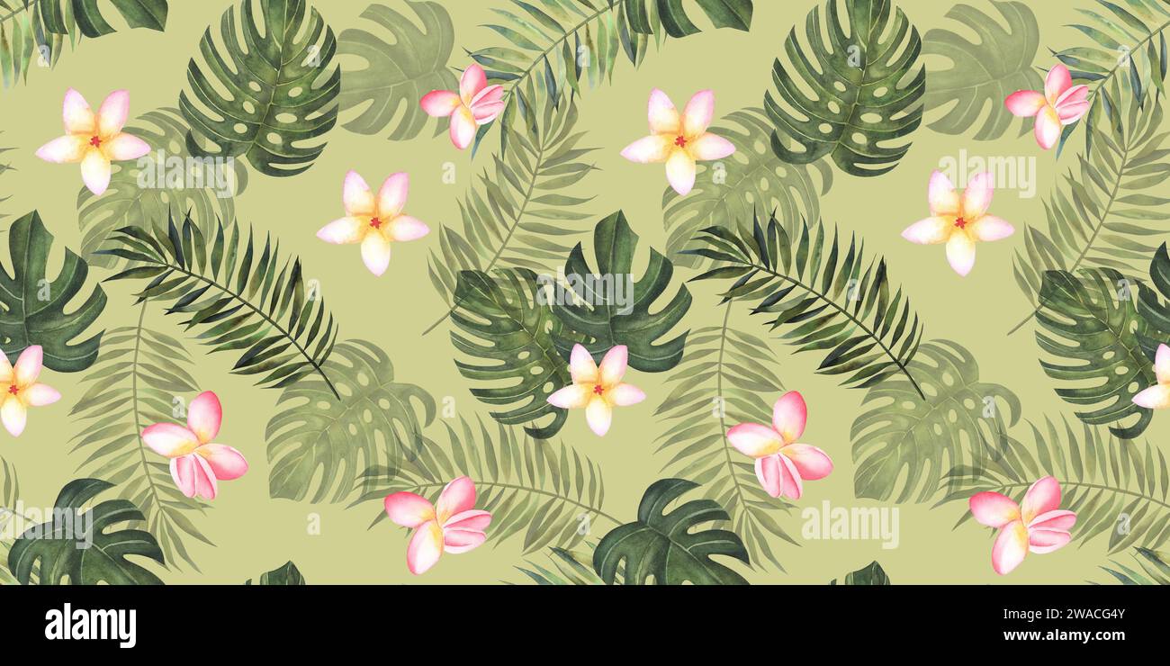 Acquerello tropicale sfondo senza cuciture. Modello giungla con fiori esotici, monstera e foglie di palma. Stock carta da parati vintage Jungle, tessuto, tessuto Foto Stock