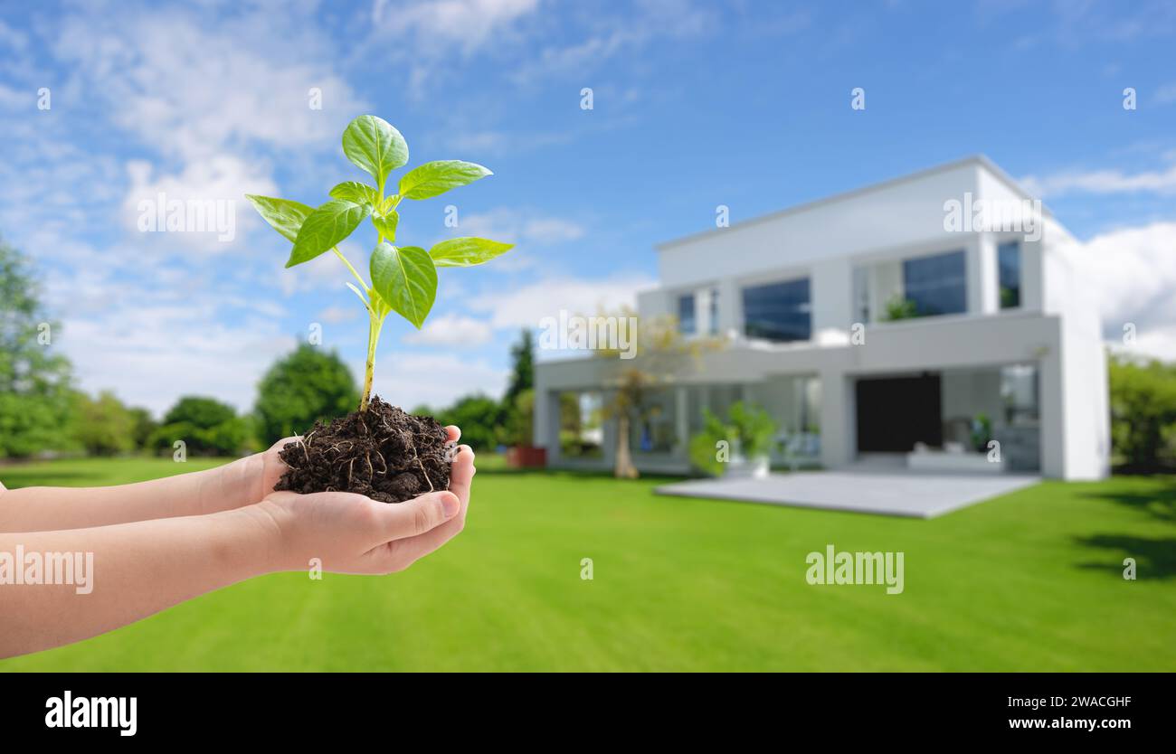 Piantine con impugnatura in sottofondo con una casa moderna ed efficiente dal punto di vista energetico, che abbraccia l'eco-design, riduce le emissioni di SO2 per uno stile di vita sostenibile e ecologico c Foto Stock