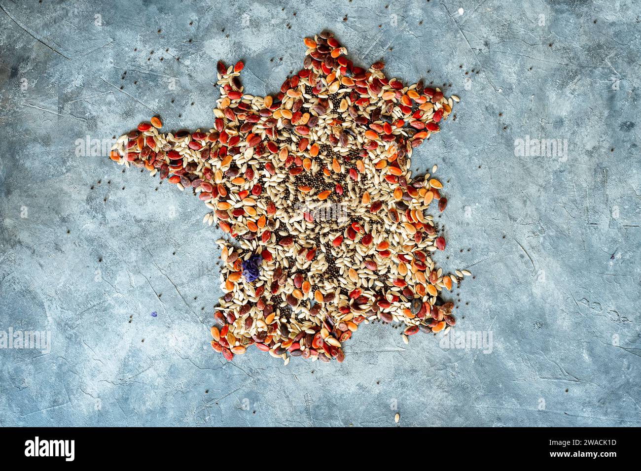 Design del paese Francia composto da semi colorati su sfondo grigio. Paesi produttori di cereali. Vista dall'alto Foto Stock