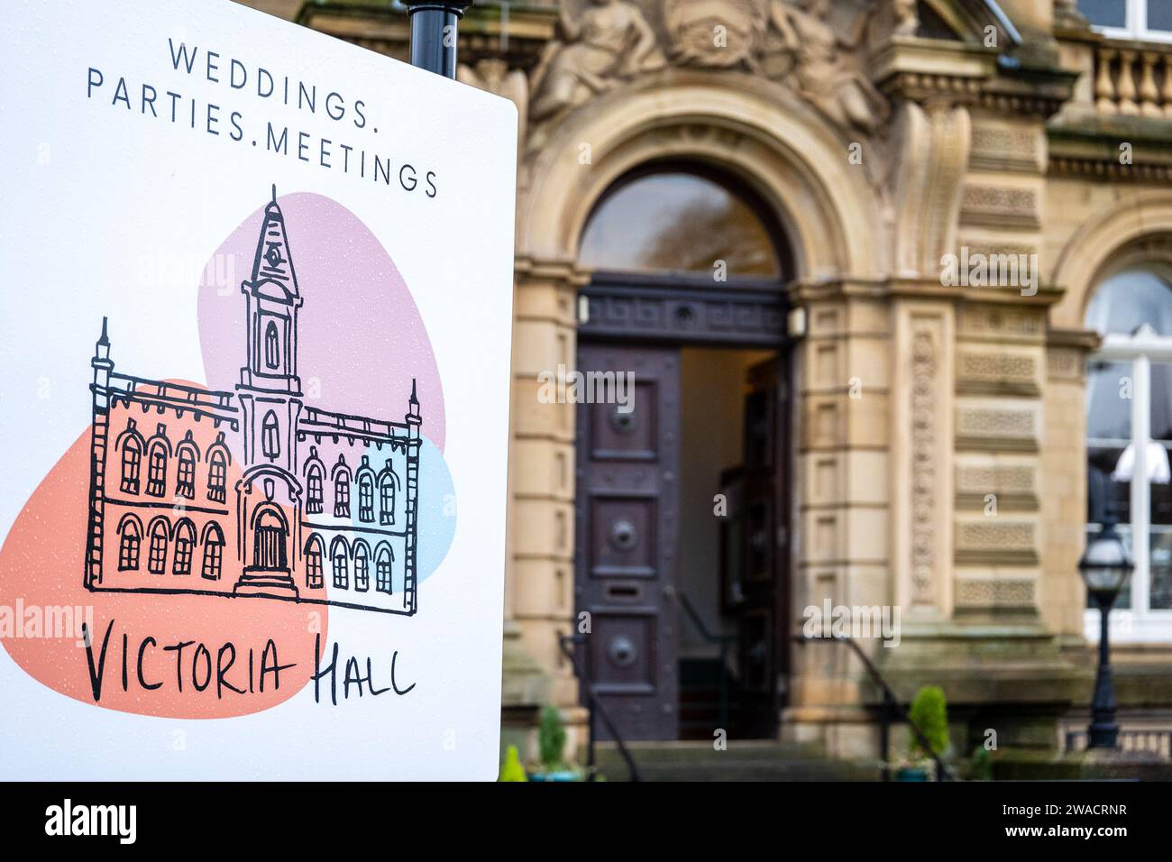 Victoria Hall, Saltaire, edificio storico aperto da Titus Salt ora sede di matrimoni a Bradford, West Yorkshire Foto Stock