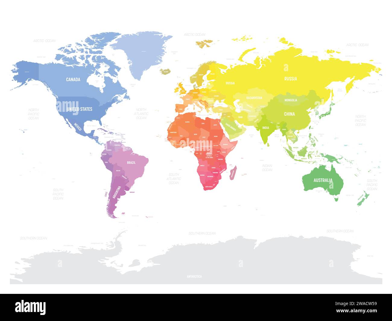 Mappa del mondo. Mappa politica del mondo in bianco e dettagliata. Mappa colorata su sfondo bianco. Illustrazione Vettoriale