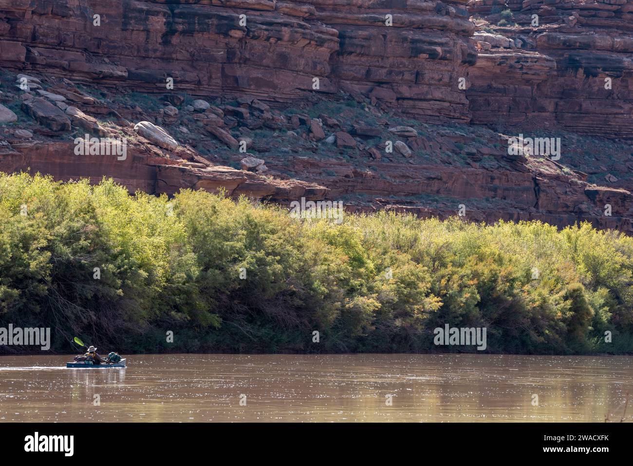 Pagaiando sul Green River nel Canyonlands National Park, Utah. Foto Stock