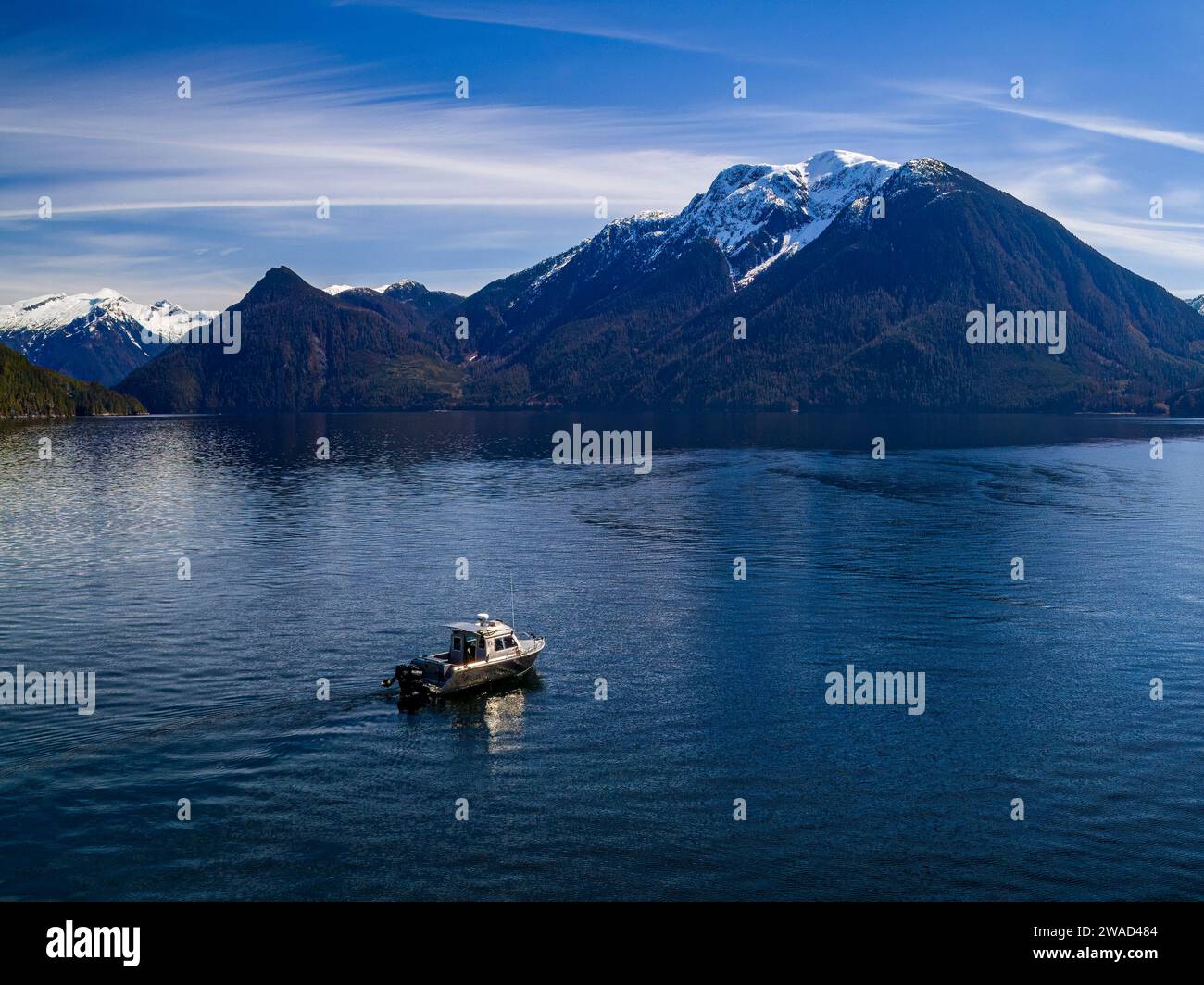 Foto aerea della barca personalizzata "luce ambiente" / Vancouver Island Photo Tours a Knight Inlet vicino a Glendale Cove, territorio tradizionale di Foto Stock