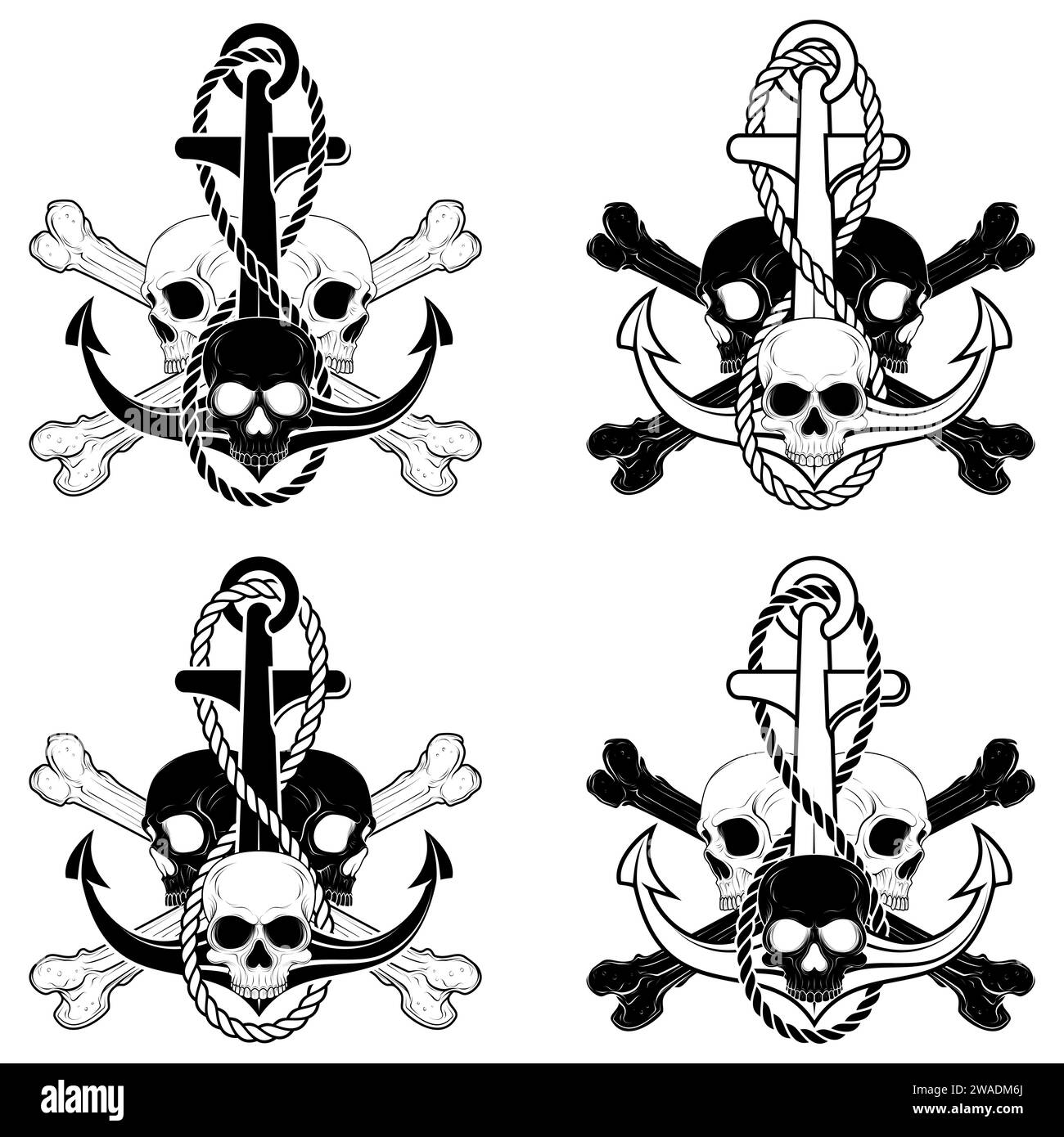 Illustrazione vettoriale di teschi con un'ancora con corda e ossa, il tutto su sfondo scuro, facile da modificare Illustrazione Vettoriale