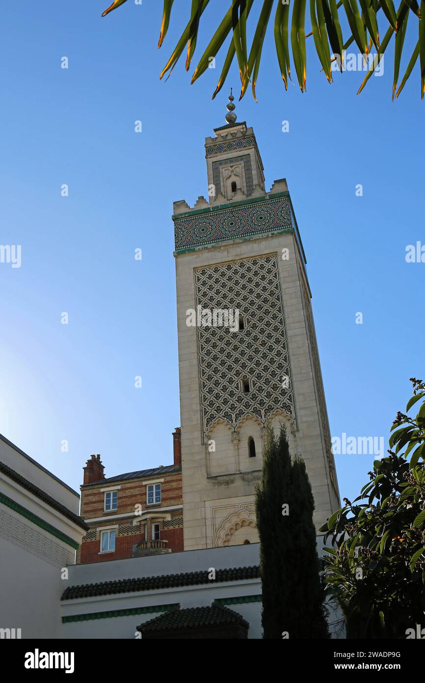 Il minareto della grande Moschea di Parigi verticale, Francia Foto Stock