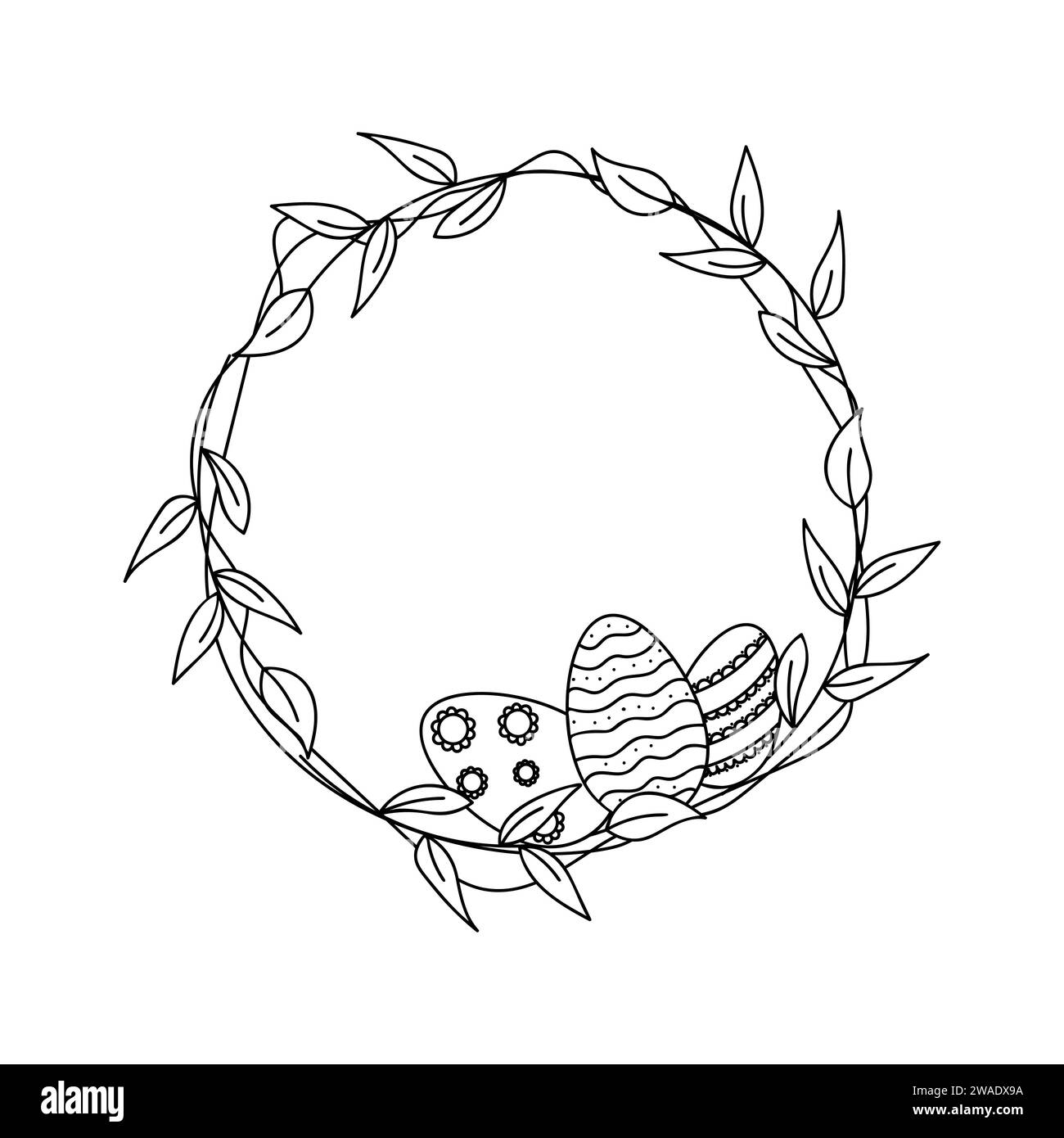 Corona di Pasqua con uova di Pasqua, foglie e rami su sfondo bianco in stile doodle. Crea biglietti d'auguri, striscioni e volantini. Ingresso vettore Illustrazione Vettoriale