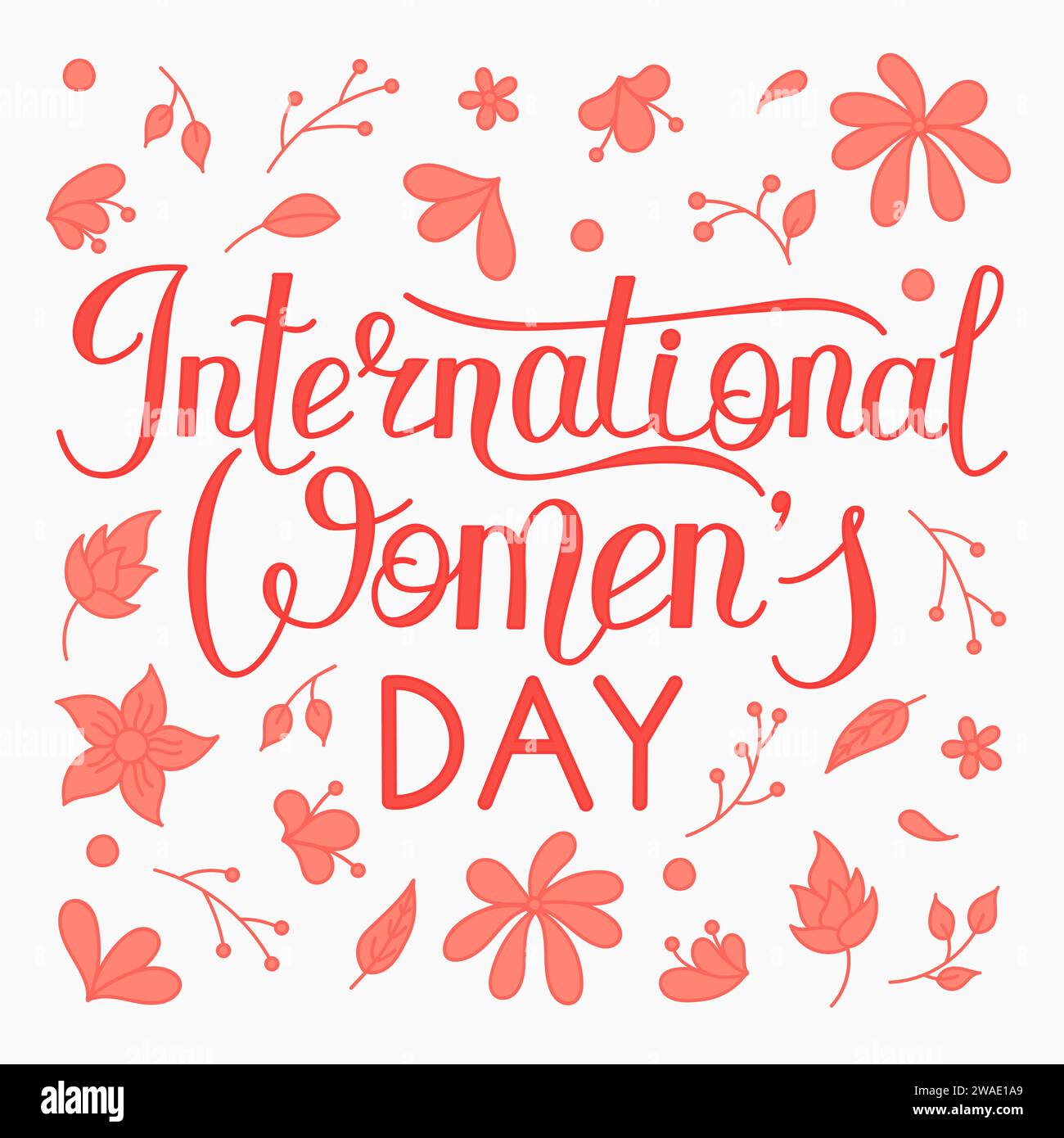 Illustrazione vettoriale. Biglietto d'auguri con scritta a mano in rosa per la giornata internazionale della donna. Sfondo bianco. Decorazioni con piante. Illustrazione Vettoriale