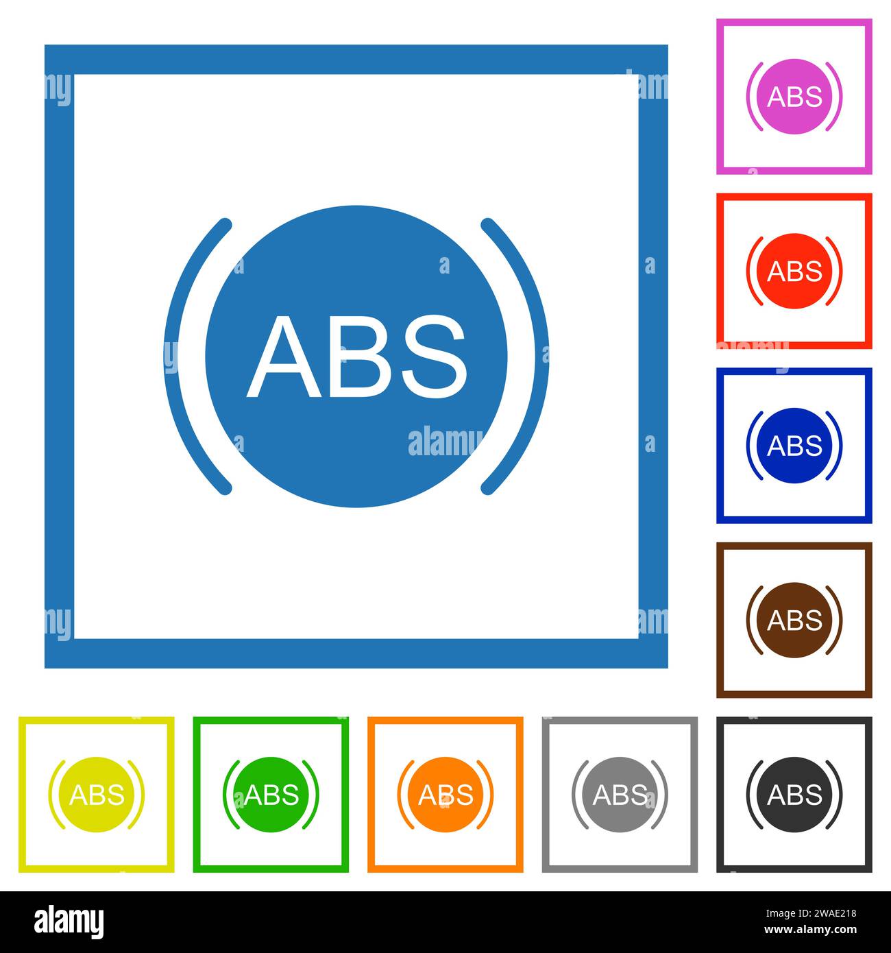 Icone di colore piatte dell'indicatore del sistema frenante antibloccaggio per auto in cornici quadrate su sfondo bianco Illustrazione Vettoriale