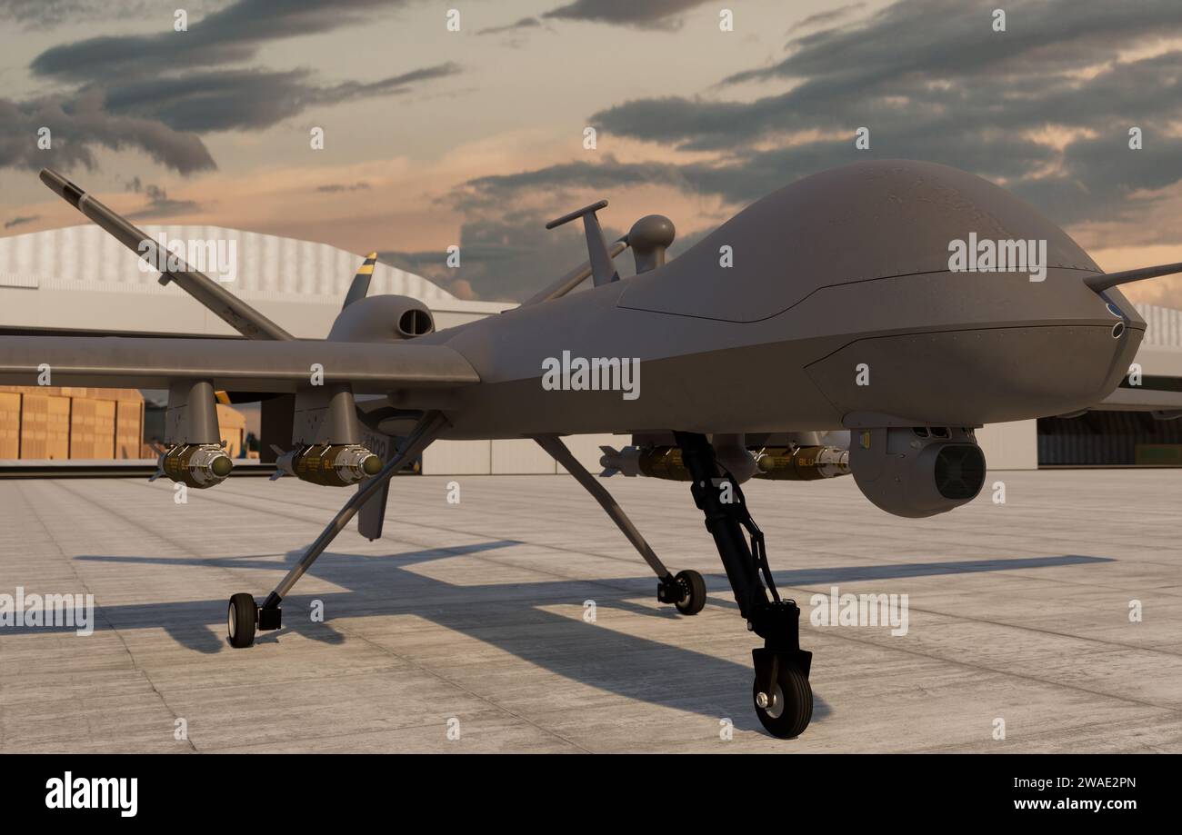 Moderno drone da combattimento armato di bombe alla base aerea Foto Stock