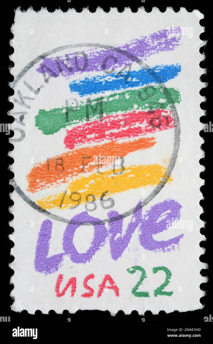 Un francobollo stampato negli Stati Uniti mostra l'immagine del dedicato all'amore, risalente al 1980 circa. Foto Stock
