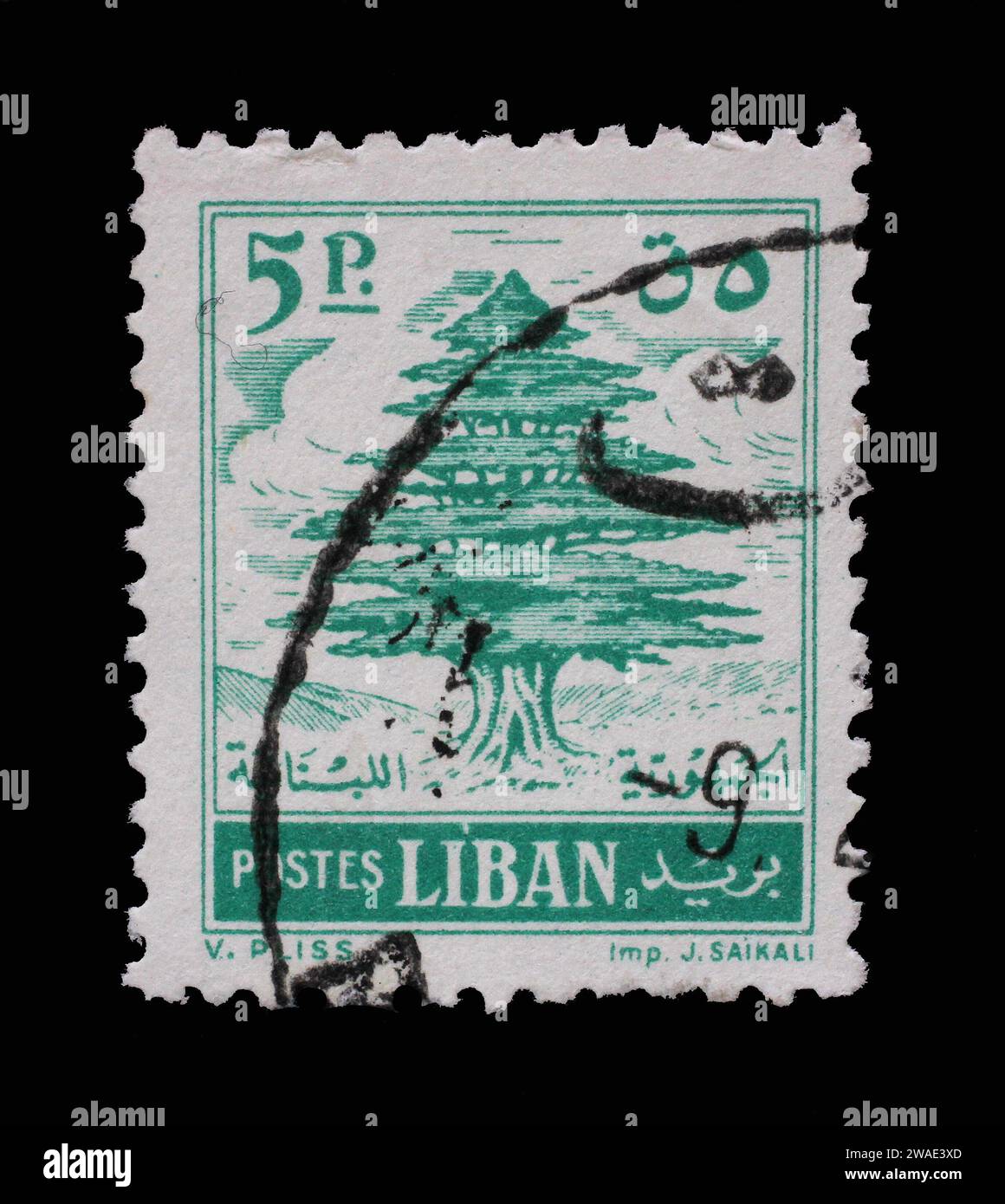 Un francobollo stampato in Libano mostra il cedro del Libano, intorno al 1960. Foto Stock