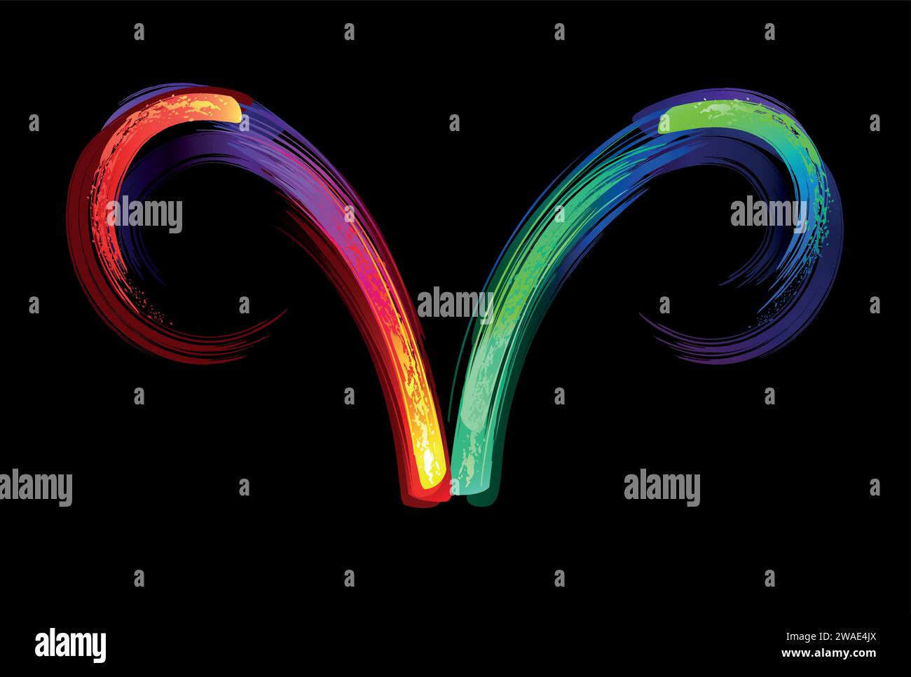 Segno zodiacale ariete, dipinto con grandi tratti di arcobaleno, luminoso, multicolore, luminescente, vernice al neon su sfondo nero. Simbolo Zodiaco. Illustrazione Vettoriale