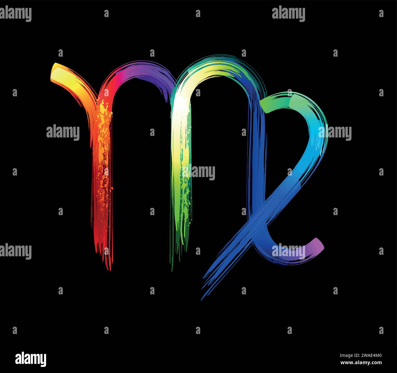 Segno zodiacale Virgo, dipinto con grandi tratti di arcobaleno, luminoso, multicolore, luminescente, vernice al neon su sfondo nero. Simbolo Zodiaco. Illustrazione Vettoriale