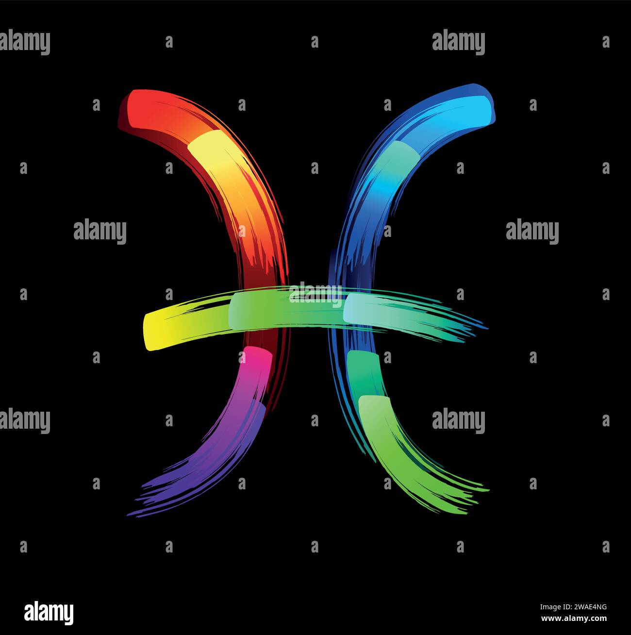 Segno zodiacale dei pesci, dipinto con grandi tratti di arcobaleno, luminoso, multicolore, luminescente, vernice al neon su sfondo nero. Simbolo Zodiaco. Illustrazione Vettoriale