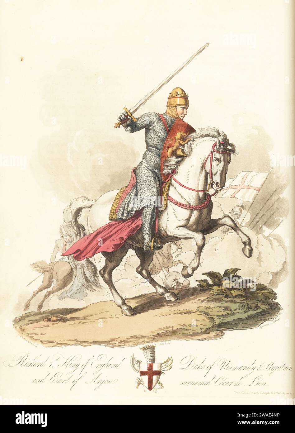 Riccardo i, re d'Inghilterra, duca di Normandia e Aquitain, e conte d'Angiò, soprannominato Coeur de Lion, 1157-1199. In casco con corona, hauberk e ciccioli di scala armatura, armati di spada e scudo con due leoni. Copiato dai suoi grandi sigilli. Con lo scudo di San Giorgio sotto. Incisione su copperplate colorata a mano incisa da John Augustus Atkinson, acquatinted da James Merigot, dopo un'illustrazione di Charles Hamilton Smith da sua personale Selections of Ancient Costume of Great Britain and Ireland, Colnaghi and Co., Londra, 1814. Foto Stock