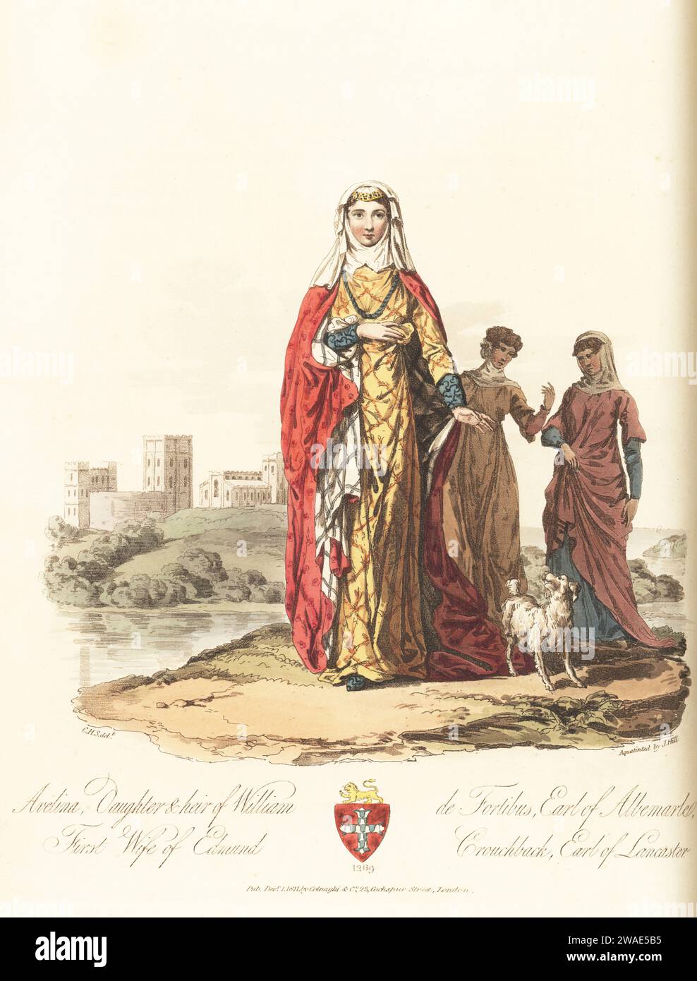 Avelina de Forz, contessa di Aumale, 1259-74. A 10 anni, sposò Edmund Crouchback, conte di Lancaster, 1269. In wimple e gorget, con bindae sulla fronte, supertunica e abito sotto un mantello. Dalla sua effigie funeraria nell'Abbazia di Westminster. Con due cameriere e un cane al castello di Lancaster, Bucks. Incisione su copperplate colorata a mano incisa da John Augustus Atkinson, acquatinted da John Hill, dopo un'illustrazione di Charles Hamilton Smith da sua personale Selections of Ancient Costume of Great Britain and Ireland, Colnaghi and Co., Londra, 1814. Foto Stock