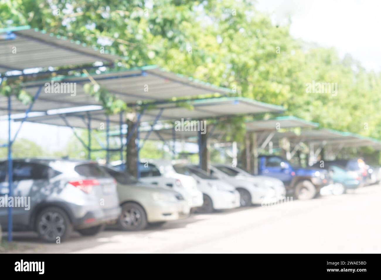 foto sfocate delle auto sono parcheggiate nel parcheggio all'aperto di fronte all'ufficio, all'università, alla scuola o all'ospedale nelle giornate di sole. Foto Stock