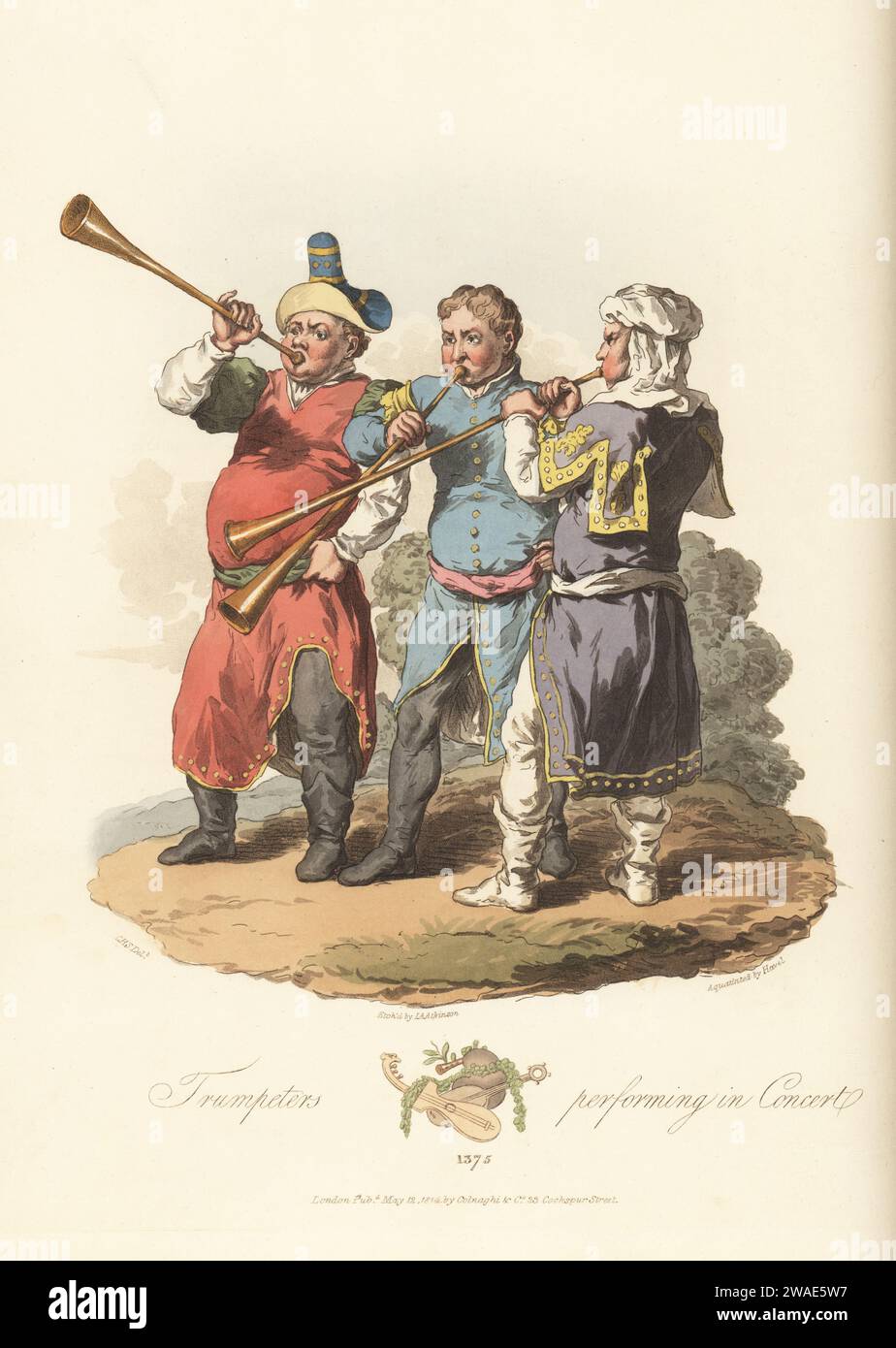 Trombettieri che suonano in concerto, XIV secolo. Suonano corna dritte e sono vestiti in modo sgargiante con cappelli colorati, turbanti, tuniche e cinture. Da un manoscritto Bible historiaulx par Pierre Doyen, Royal MS 15 D iii Incisione su copperplate colorata a mano incisa da John Augustus Atkinson, acquatinted da Havell, dopo un'illustrazione di Charles Hamilton Smith da sua personale Selections of Ancient Costume of Great Britain and Ireland, Colnaghi and Co., Londra, 1814. Foto Stock