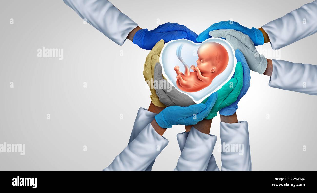 Assistenza sanitaria protezione della crescita fetale come assistenza prenatale con un lavoro di squadra medico e l'unità dei medici come partnership sanitaria globale come le mani del medico si pentono Foto Stock