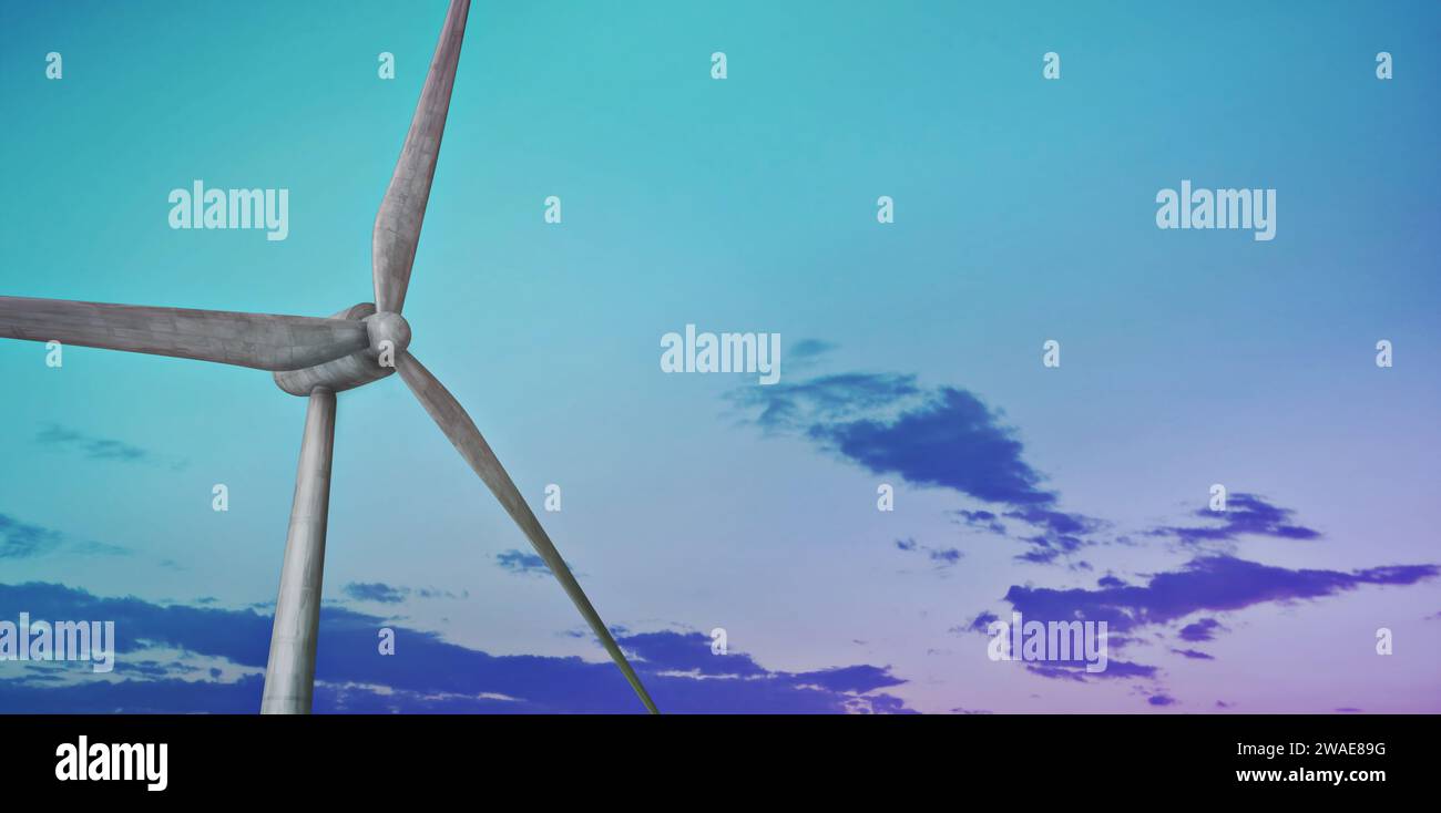 Turbina eolica, vista prospettica con spazio di copia. Illustrazione grafica 3D. Eco-compatibile, generazione di energia e elettricità, concetto Foto Stock