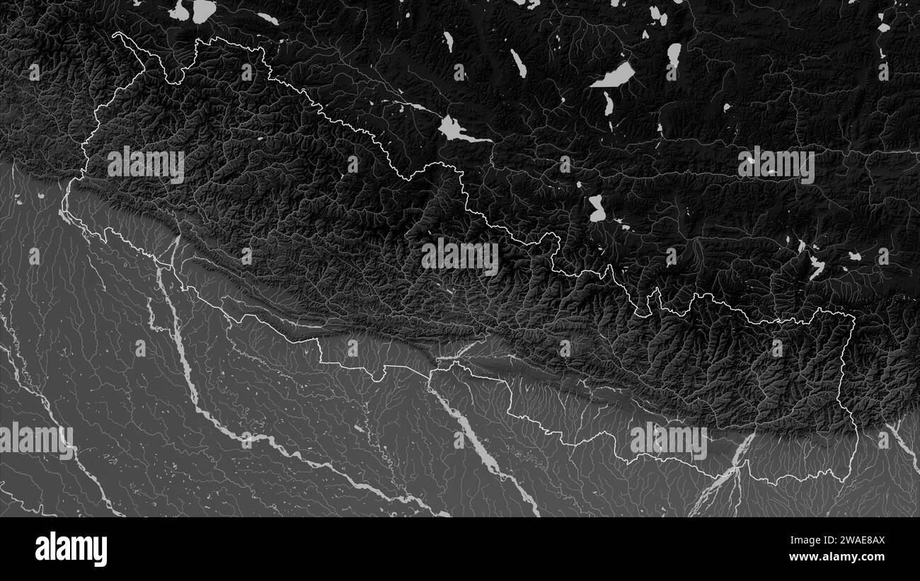 Nepal delineato su una mappa di elevazione in scala di grigi con laghi e fiumi Foto Stock