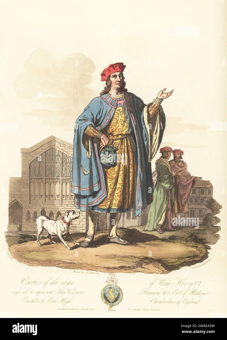 John Beaumont, i visconte Beaumont, Conestabile e Lord High Chamberlain d'Inghilterra, c.1409-1460. Con berretto in velluto cremisi, mantello blu, abito di stoffa d'oro con frange d'argento, in piedi con il cane di fronte al St Mary Guildhall. Con la sua blazon, Azure, semee di fleur-de-lis un leone dilagante, OR, 1450. Dall'arazzo di St. Mary's Hall, Coventry. Incisione su copperplate colorata a mano incisa da John Augustus Atkinson, acquatinted da Havell, dopo un'illustrazione di Charles Hamilton Smith da sua personale Selections of Ancient Costume of Great Britain and Ireland, Colnaghi and Co., Londra, 1814. Foto Stock