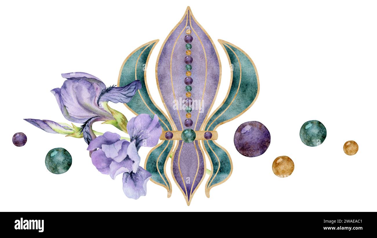 Simboli del carnevale del Mardi Gras ad acquerello disegnati a mano. Fleur de lis fiore di Iris di giglio francese perle di vetro coriandoli baubles composizione isolata su bianco Foto Stock