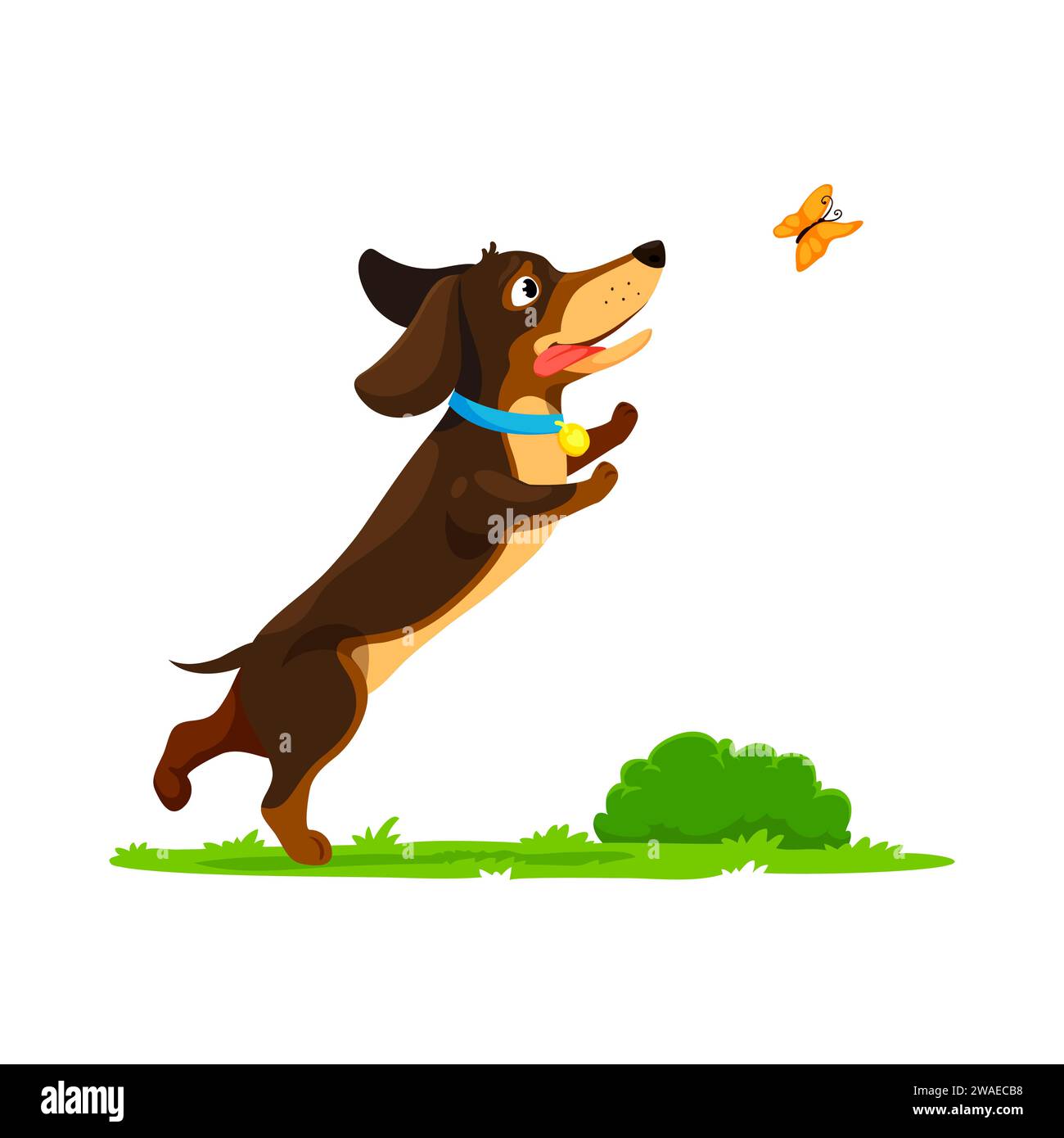 I personaggi dei cuccioli di cane dei cartoni animati adorano catturare le farfalle. Vector PET con la coda agitata insegue in modo giocoso le colorate creature alate, diffondendo gioia e catturando la bellezza della natura Illustrazione Vettoriale