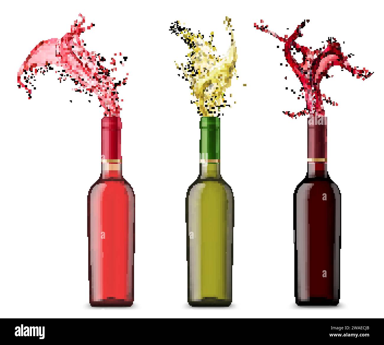 Bottiglia di alcool da vino con spruzzo. 3d Vector isolato tre palloni realistici ed eleganti con accattivanti spruzzi di bibite rosse, rosa e bianche che incarnano i ricchi sapori che aspettano di essere stappati e assaporati Illustrazione Vettoriale