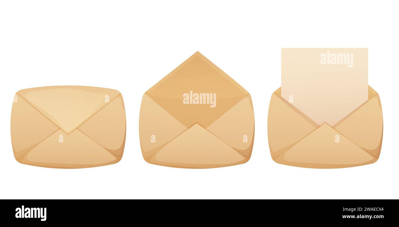 Scrivi lettera, busta di carta artigianale, pergamena in stile cartone animato. Vintage, vecchia corrispondenza. Grafica a clip testurizzata e dettagliata. Illustrazione vettoriale Illustrazione Vettoriale