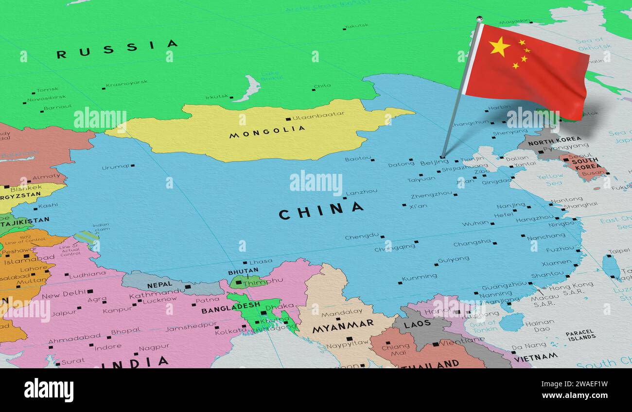 Cina, Pechino - bandiera nazionale fissata sulla mappa politica - illustrazione 3D. Foto Stock