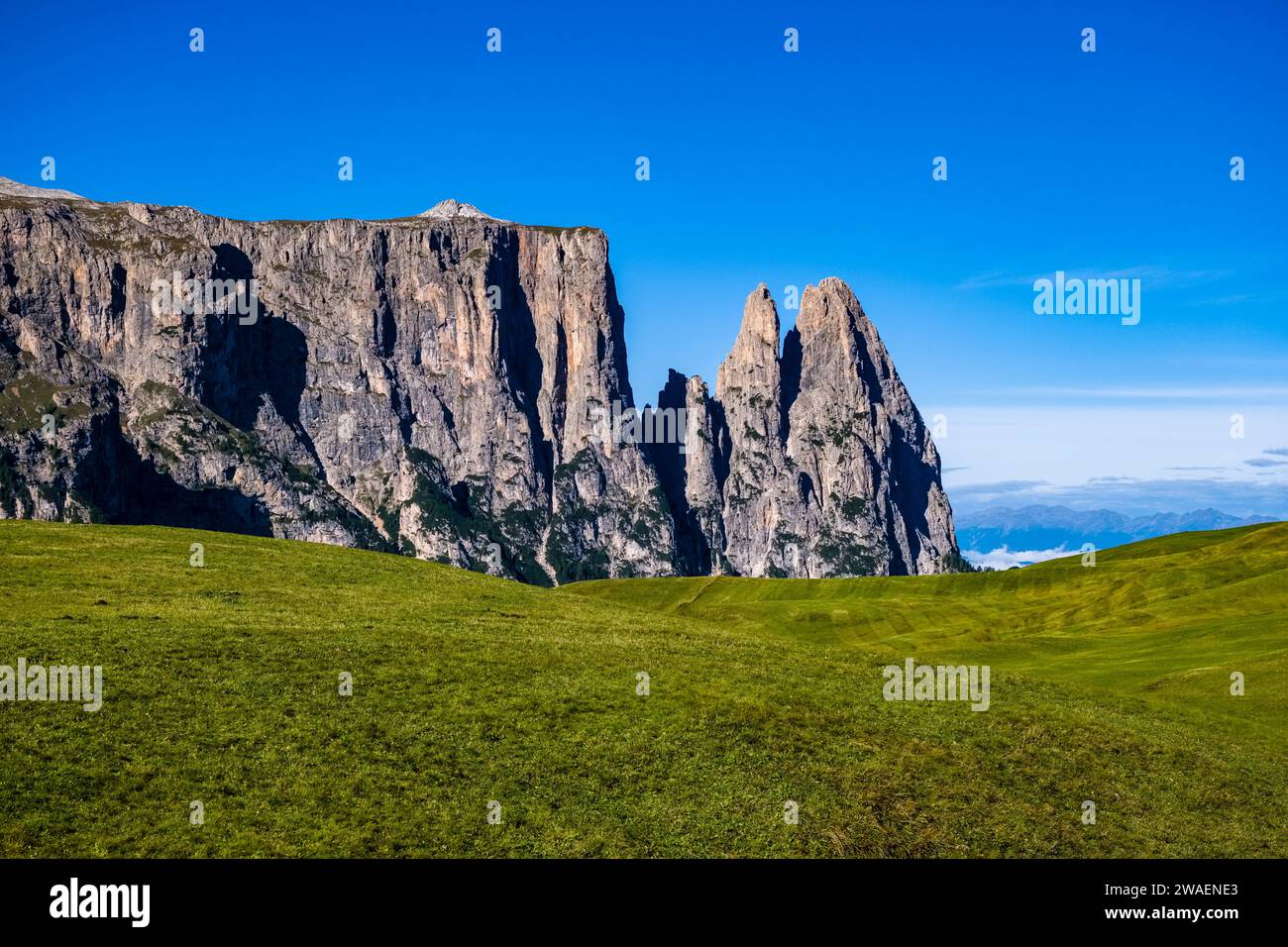Campagna agricola collinare con il monte Sciliar, Sciliar presso l'Alpe di Siusi. Foto Stock
