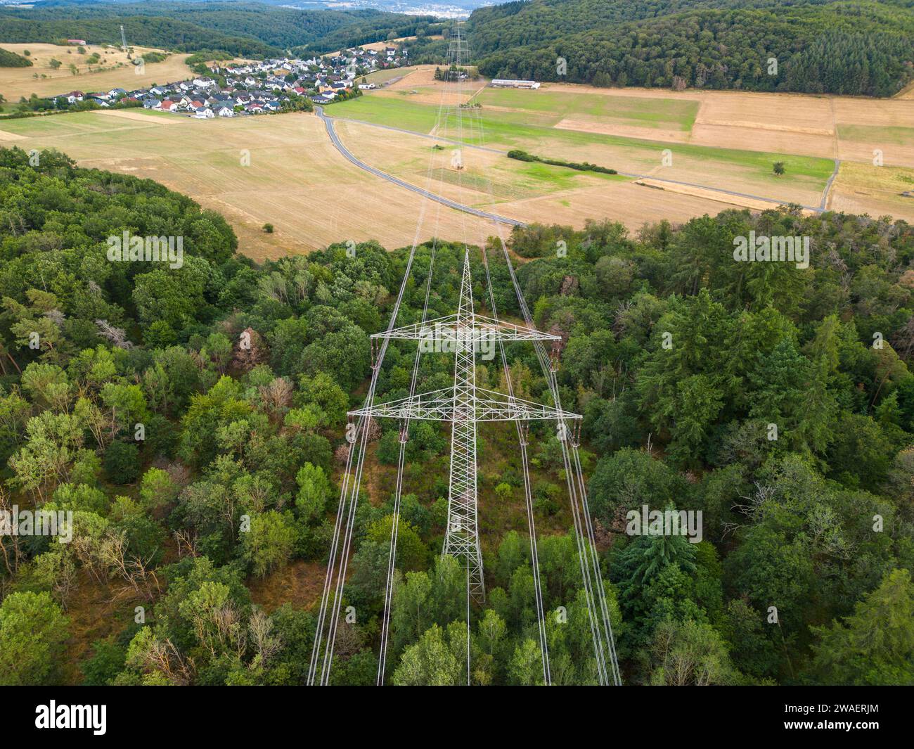 Vista aerea delle linee elettriche che attraversano la foresta e il campo in germania Foto Stock