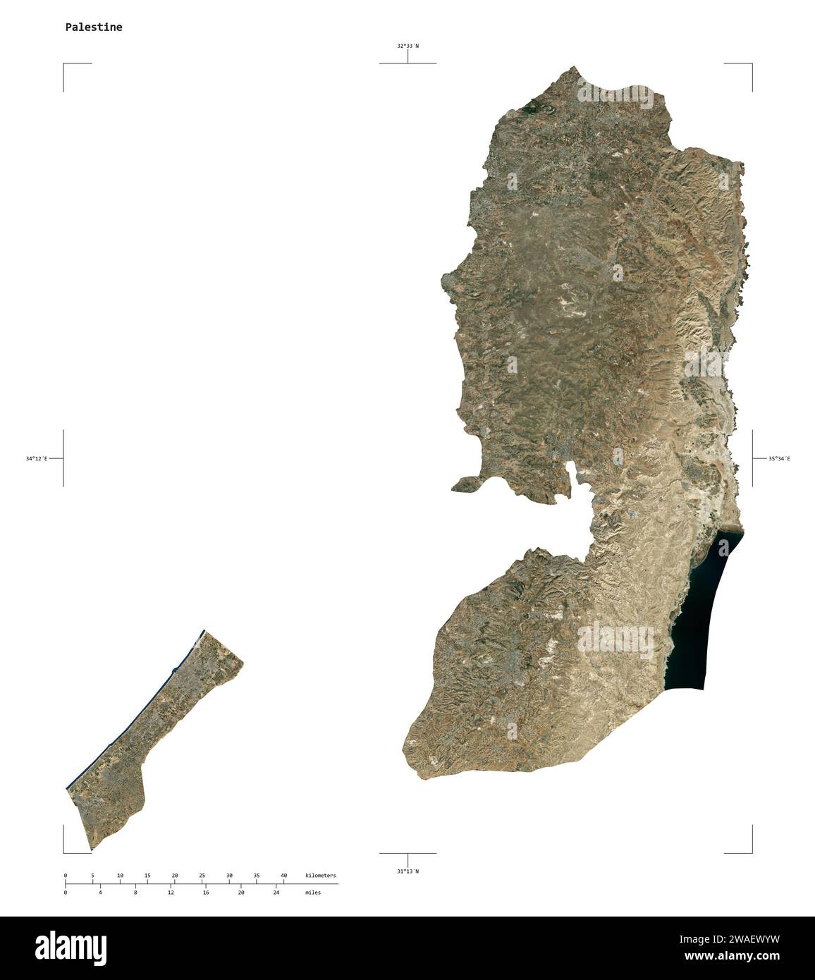 Forma di una mappa satellitare a bassa risoluzione della Palestina, con scala di distanza e coordinate di confine della mappa, isolata su bianco Foto Stock
